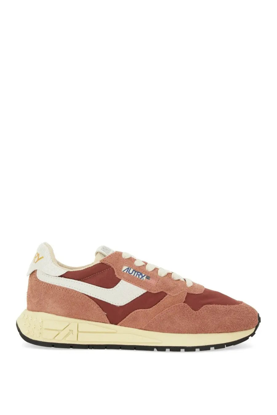 Autry women’s Reelwind low sneaker in dusty rose suede and maroon with cream midsole and blue Autry logo on the side