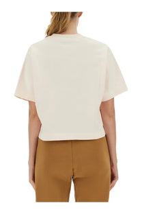 Cream-colored cropped short sleeve shirt with round neckline from AUTRY women’s shirt white collection