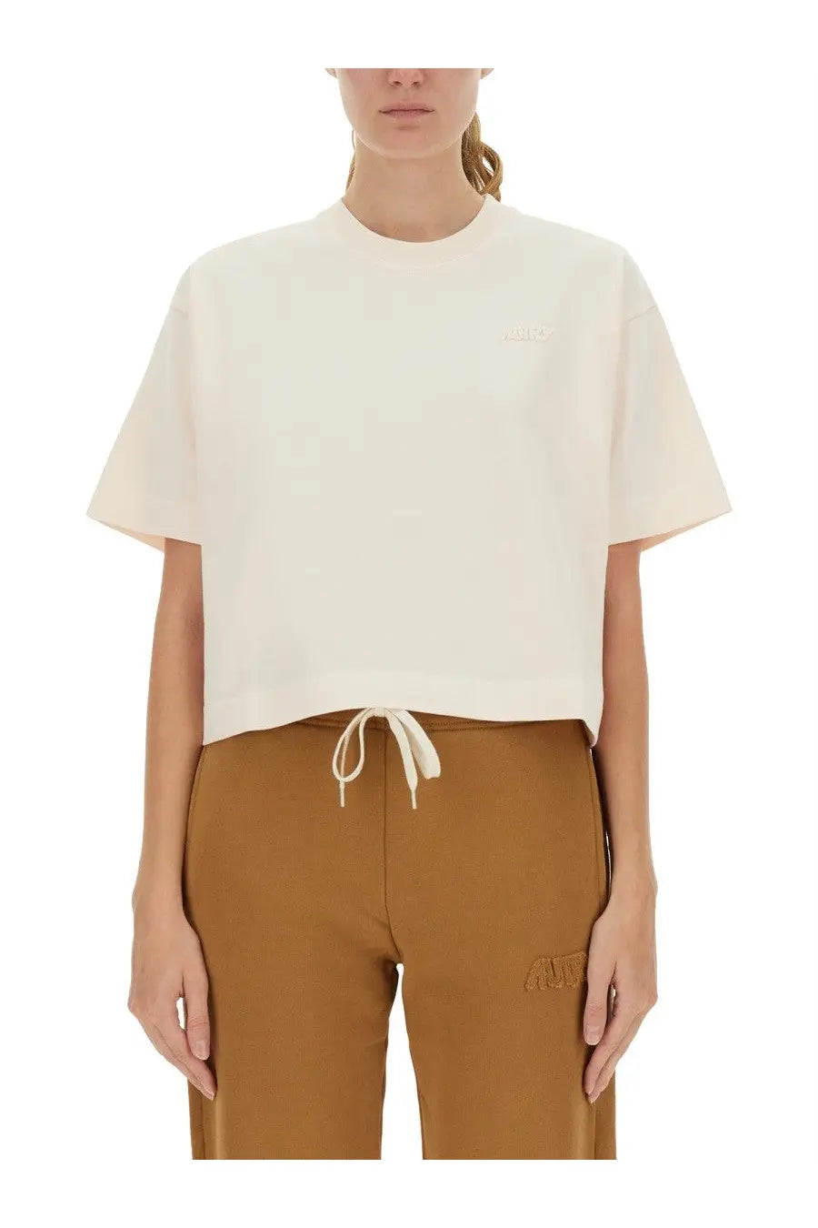 Autry women’s cream-colored cropped t-shirt with short sleeves and drawstring waistband for casual wear