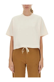 Autry women’s cream-colored cropped t-shirt with short sleeves and drawstring waistband for casual wear