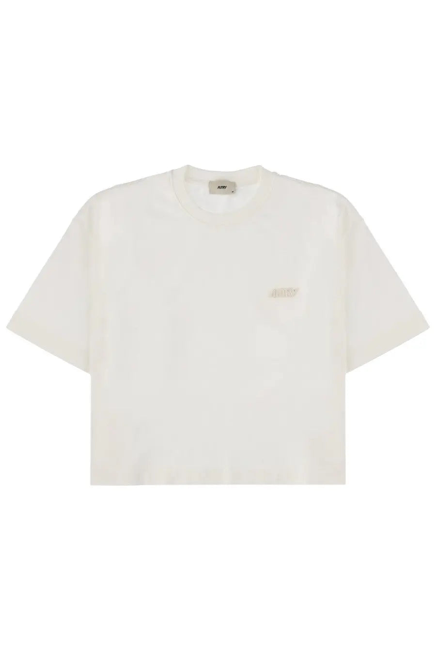 Autry women’s off-white cropped t-shirt with subtle embroidered logo on left chest, casual cotton shirt white