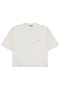 Autry women’s off-white cropped t-shirt with subtle embroidered logo on left chest, casual cotton shirt white