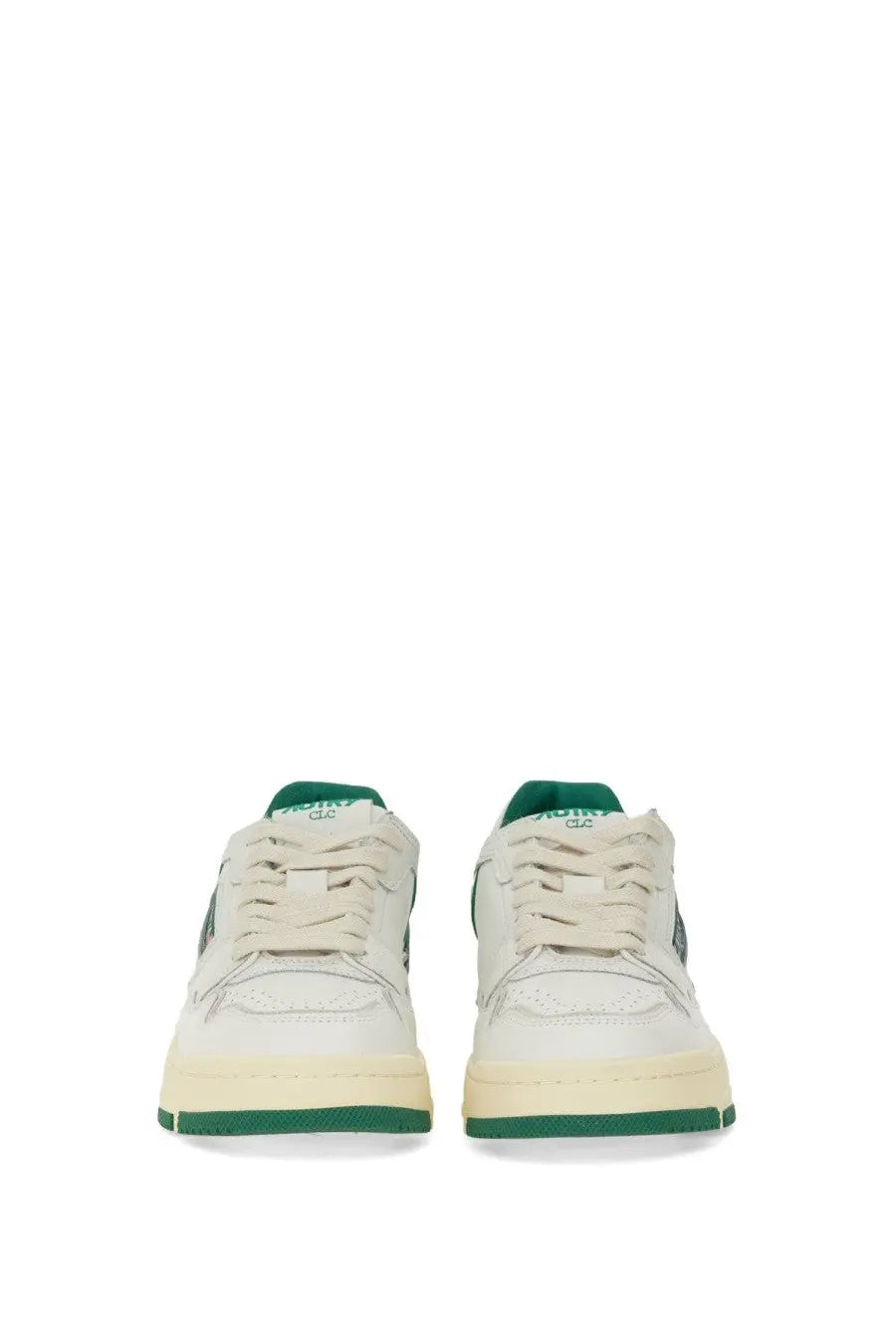 Autry women’s sneaker clc multicolor cream low-top leather sneakers with green heel tab outsole and midsole accents
