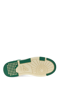 Close-up of autry women’s sneaker clc multicolor green and beige rubber sole with textured pattern and audi logo near heel