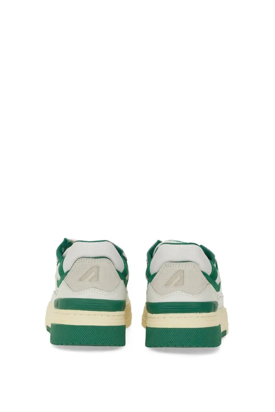 Back view of autry women’s sneaker clc multicolor low-top white and green with chunky sole and embossed heel logo