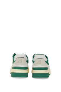 Back view of autry women’s sneaker clc multicolor low-top white and green with chunky sole and embossed heel logo
