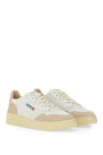 Autry women’s sneaker medalist low multicolor cream and white leather with perforated toe and blue red embroidered logo