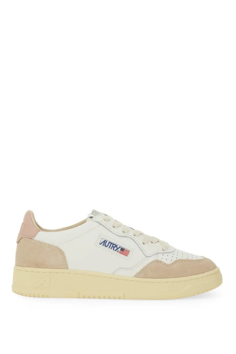 Autry women’s sneaker medalist low beige and white suede low-top with subtle perforated toe box design