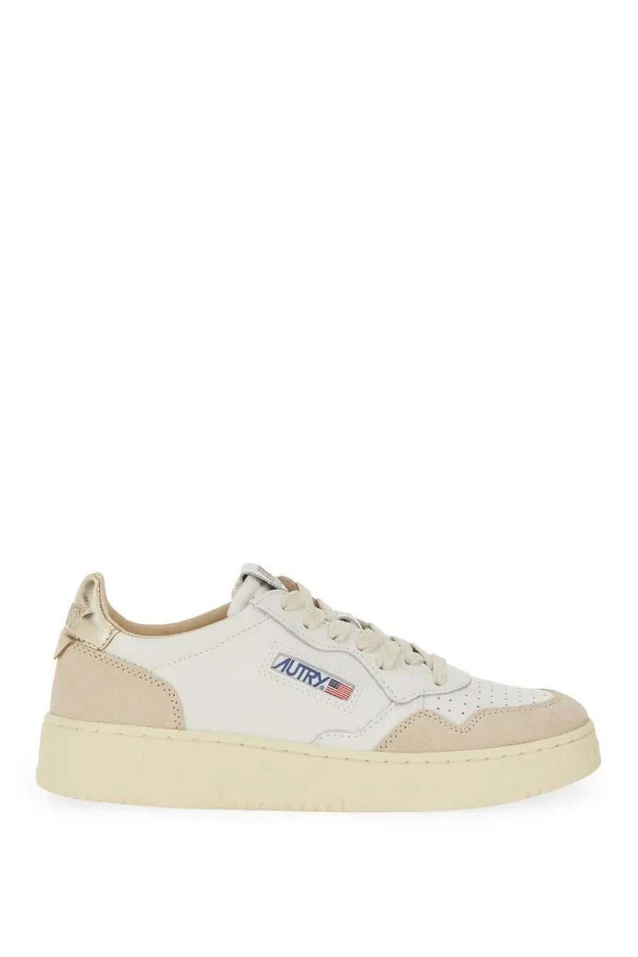 Autry women’s sneaker medalist low in white and beige suede with gold tone heel tab and blue red logo on the side