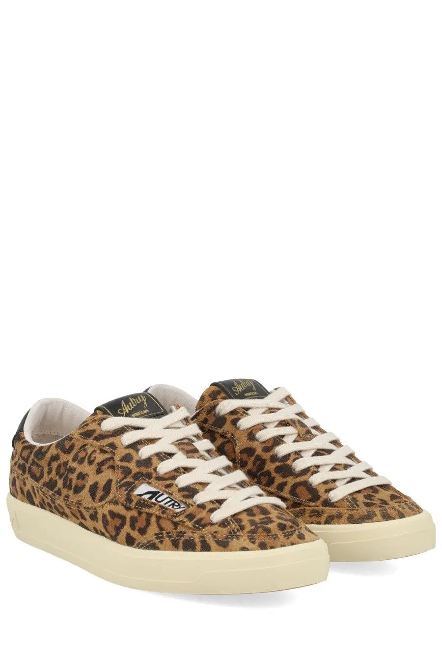 Autry women’s sneaker windscape low pattern leopard-print suede low-top sneakers with white laces and cream sole