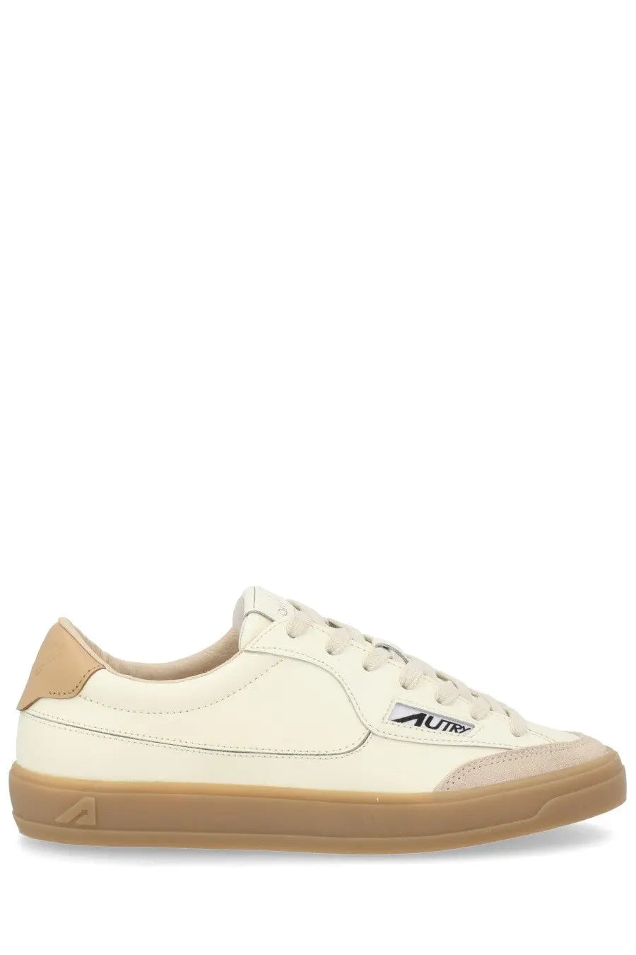 Autry women’s sneaker windscape low white featuring cream leather with beige accents and rubber sole with autry logo