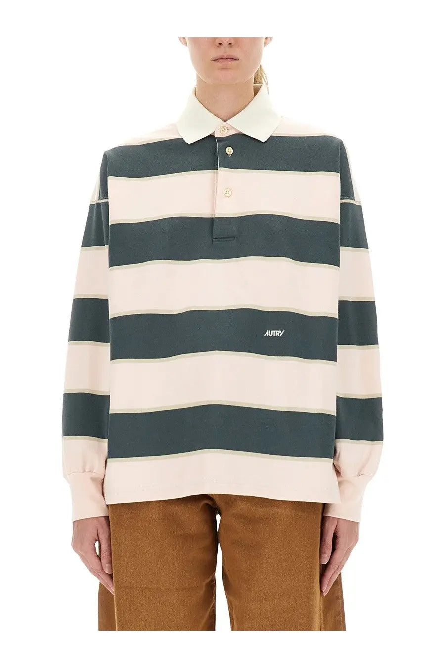 Autry women’s long-sleeved striped polo shirt in cream and dark teal with white collar and embroidered logo