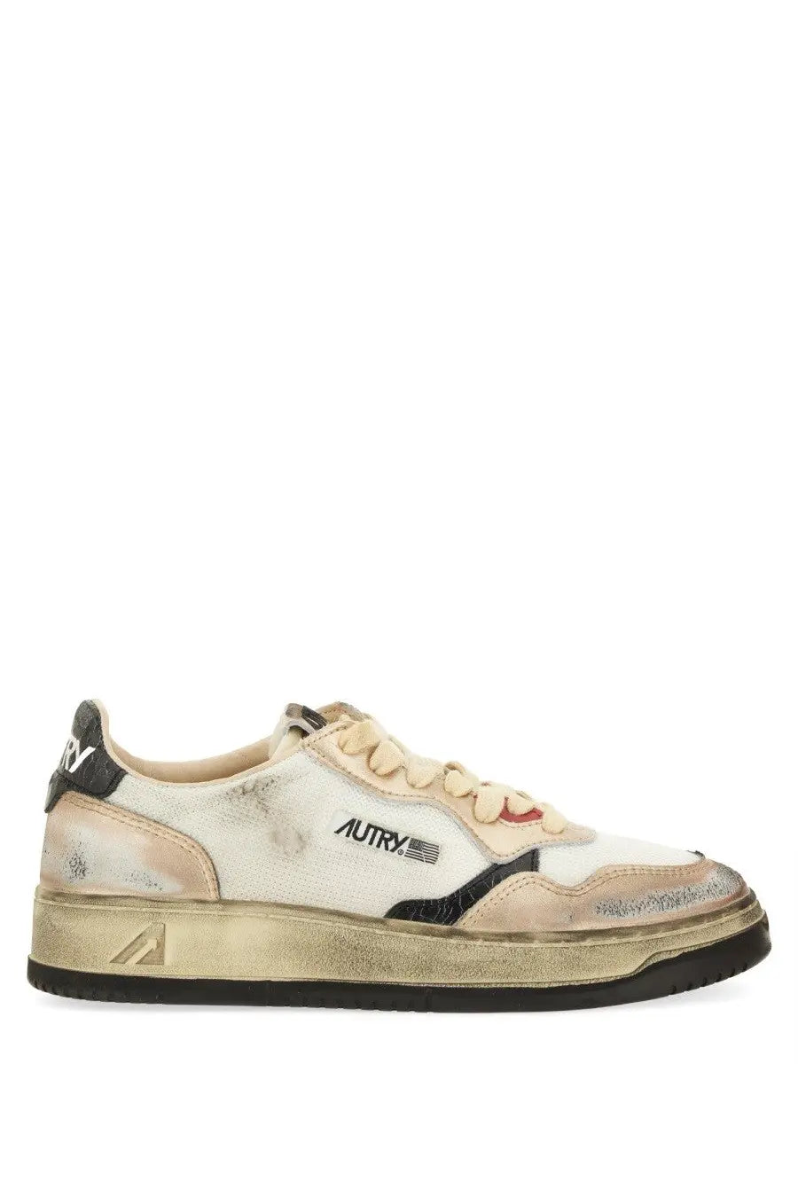 Autry women’s super vintage sneaker in white and black distressed leather with gold-tone sole and autry logo on side