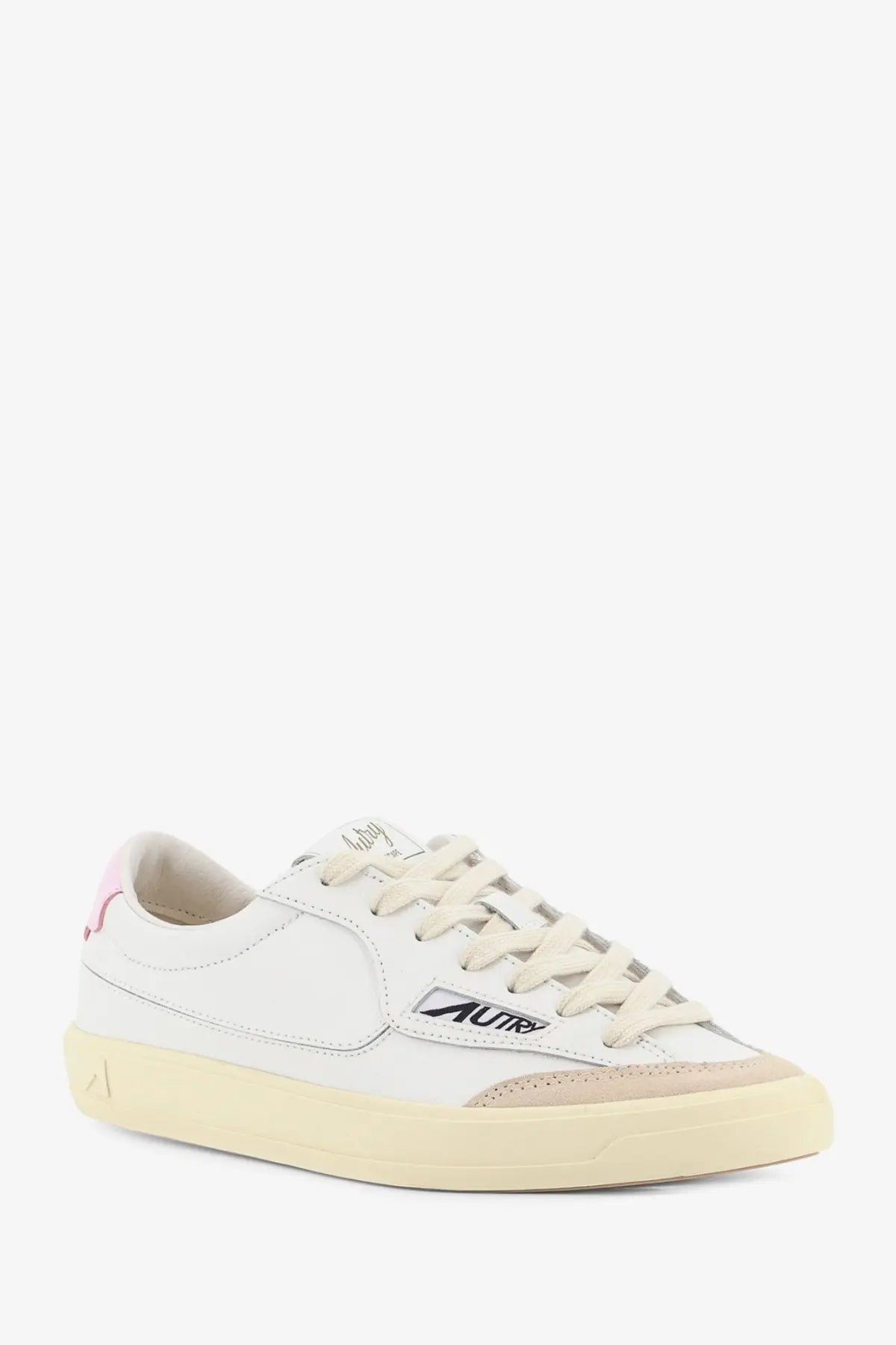 Autry women’s windscape leather sneakers white with beige rubber sole and pink accent on the heel tab back view