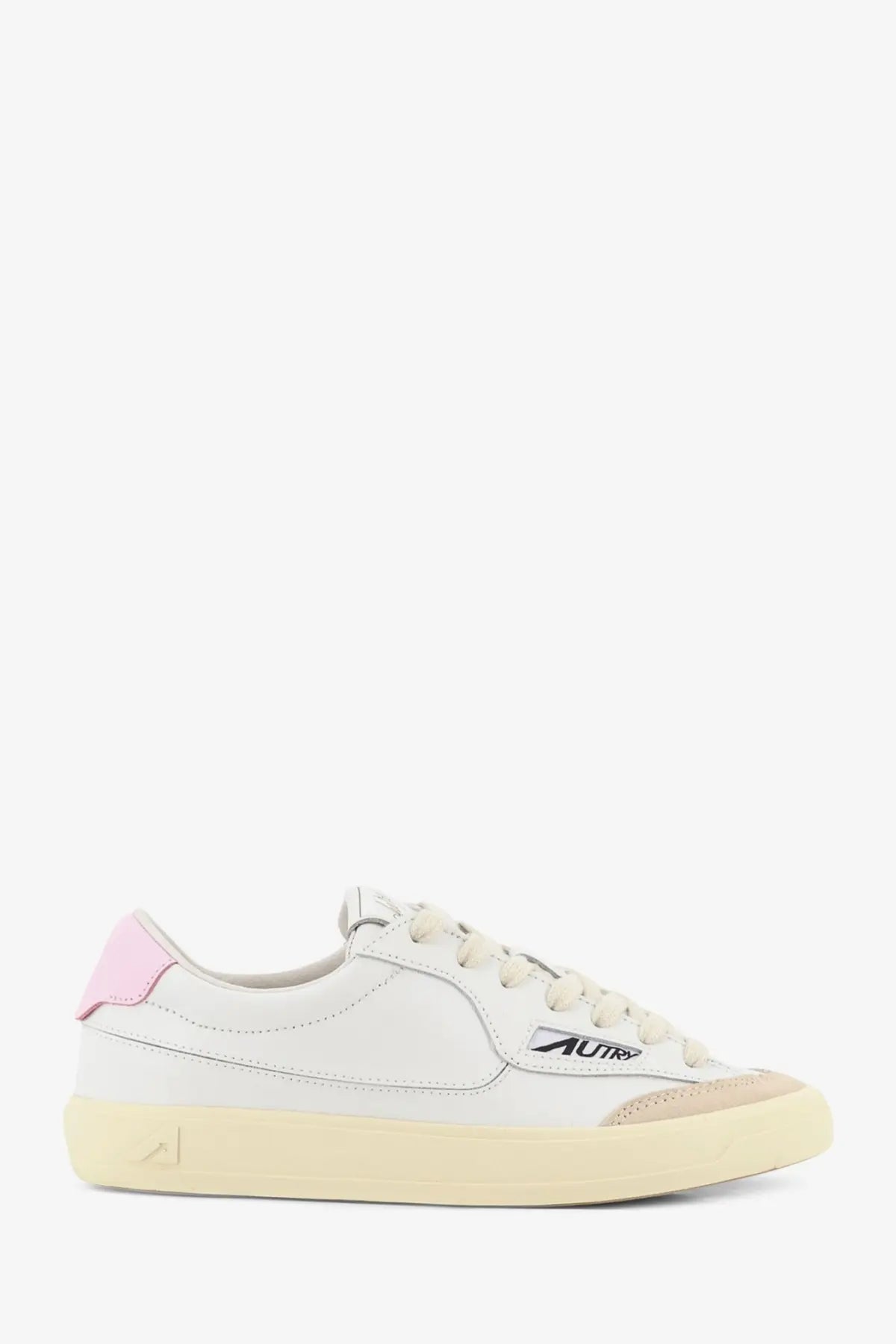 Autry women’s Windscape leather sneakers in white with a pink heel tab and beige rubber sole featuring the autr logo
