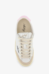 Autry womens windscape leather sneaker in white with pink heel tab beige accents and minimalist branded design
