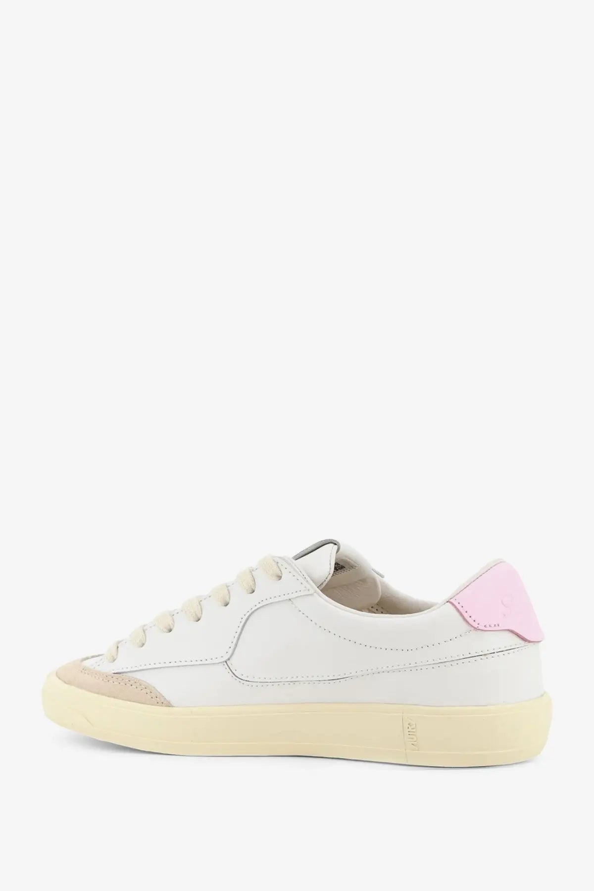 Autry women’s Windscape leather sneakers in white with a soft pink heel tab and beige rubber sole shown from the back