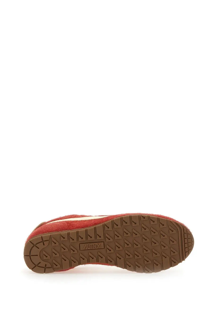 Autry women’s windspin low sneaker red suede with brown rubber sole and distinctive triangular tread pattern