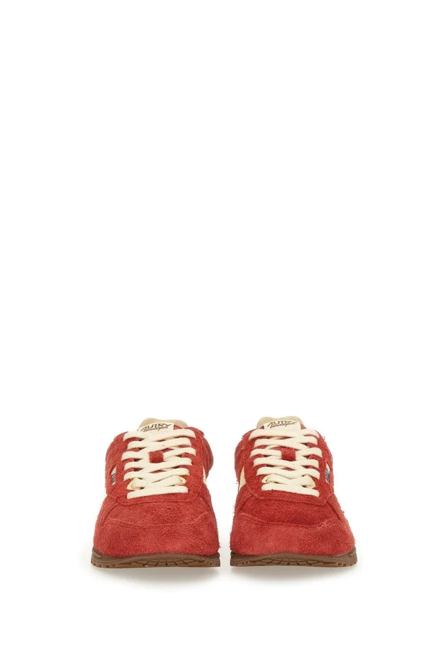 Autry women’s windspin low sneaker in red suede with cream laces and brown rubber sole