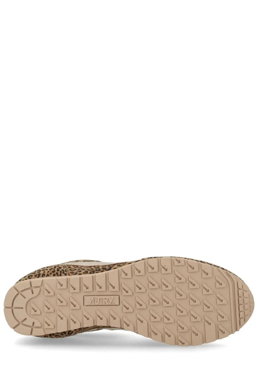 Beige leopard-print sole of autry women’s windspin sneaker with textured tread and august brand embossing visible
