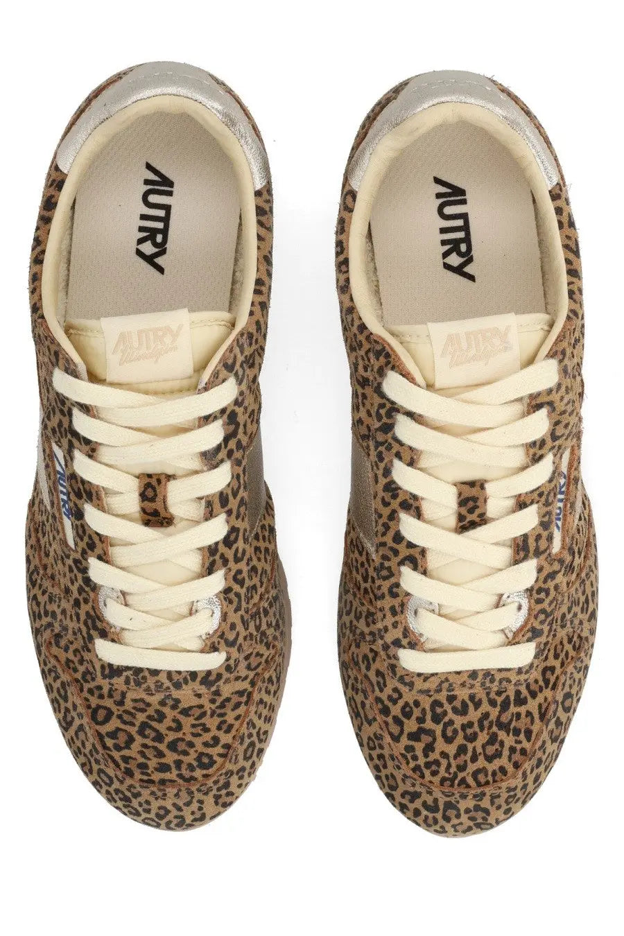 Autry women’s windspin sneaker brown leopard print suede with cream laces and metallic silver heel tabs