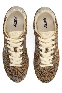 Autry women’s windspin sneaker brown leopard print suede with cream laces and metallic silver heel tabs