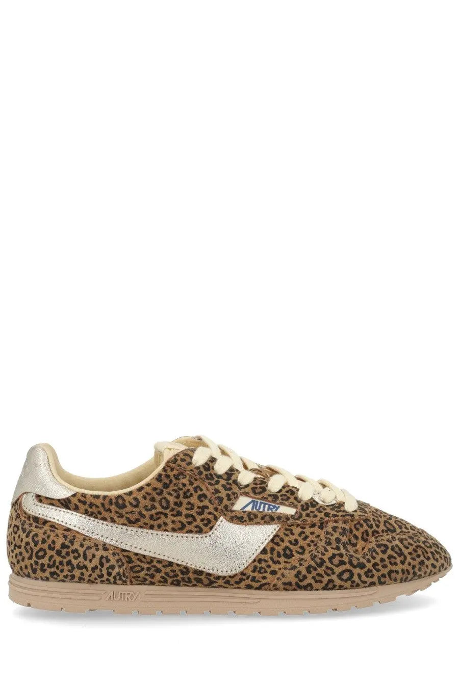 Autry women’s windspin sneaker in leopard print suede with metallic silver swoosh and cream laces