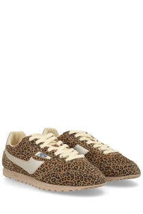 Autry women’s windspin sneaker pattern with leopard-print suede, cream laces, beige rubber sole, and white side stripe