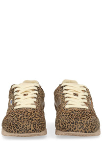 Autry women’s windspin sneaker with tan and black leopard print suede and cream colored laces
