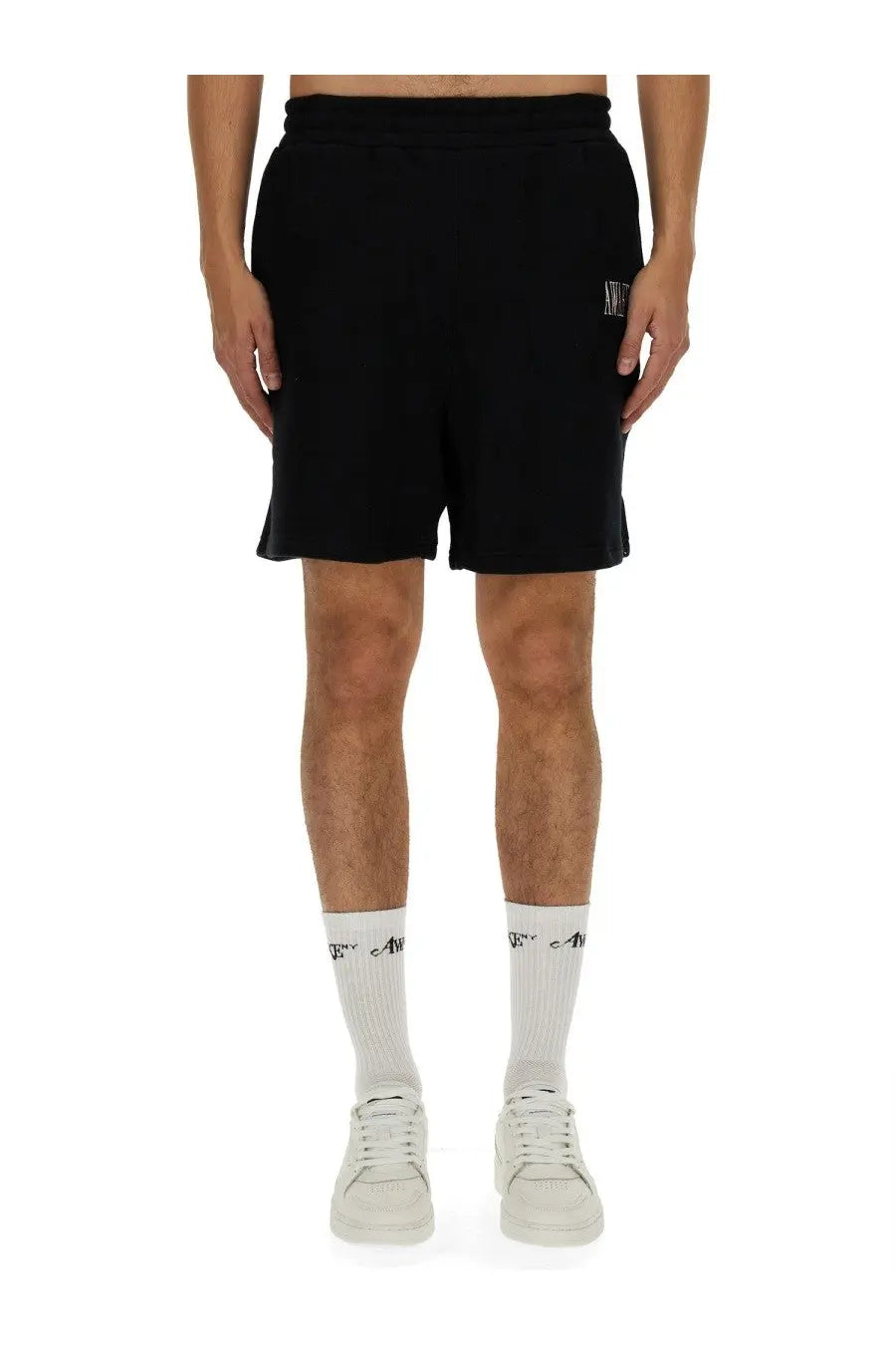 Awake ny men’s bermuda black cotton shorts with subtle logo on left thigh for casual wear