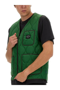 Awake ny men’s green quilted vest with black trim front pockets and branded chest patch