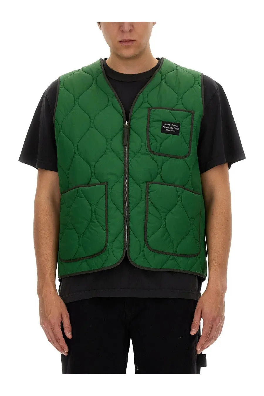 Awake ny men’s green quilted vest with dark green stitching front zipper three pockets and branded chest patch