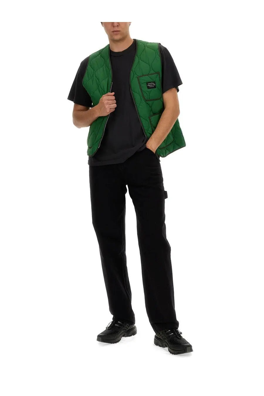 Awake ny men’s green quilted vest with front pocket and black label detail perfect for casual layering