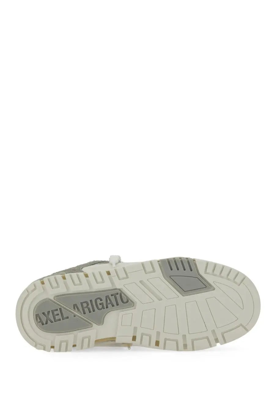 Back view of axel arigato men’s area lo sneaker grey with beige and gray rubber sole embossed brand name on heel