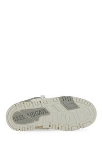 Back view of axel arigato men’s area lo sneaker grey with beige and gray rubber sole embossed brand name on heel