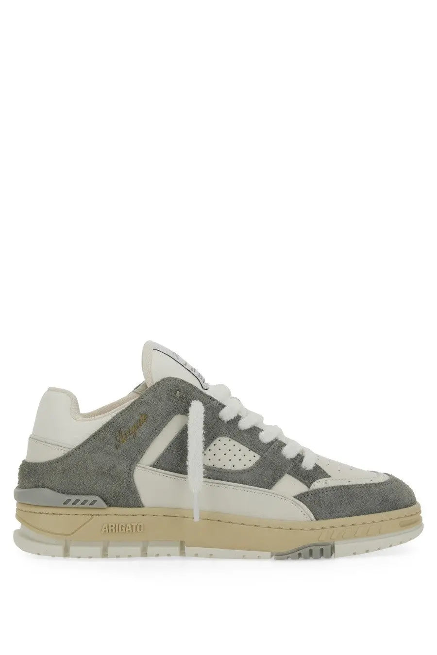 Axel Arigato men’s area lo sneaker grey suede low-top with gray white upper and beige rubber sole