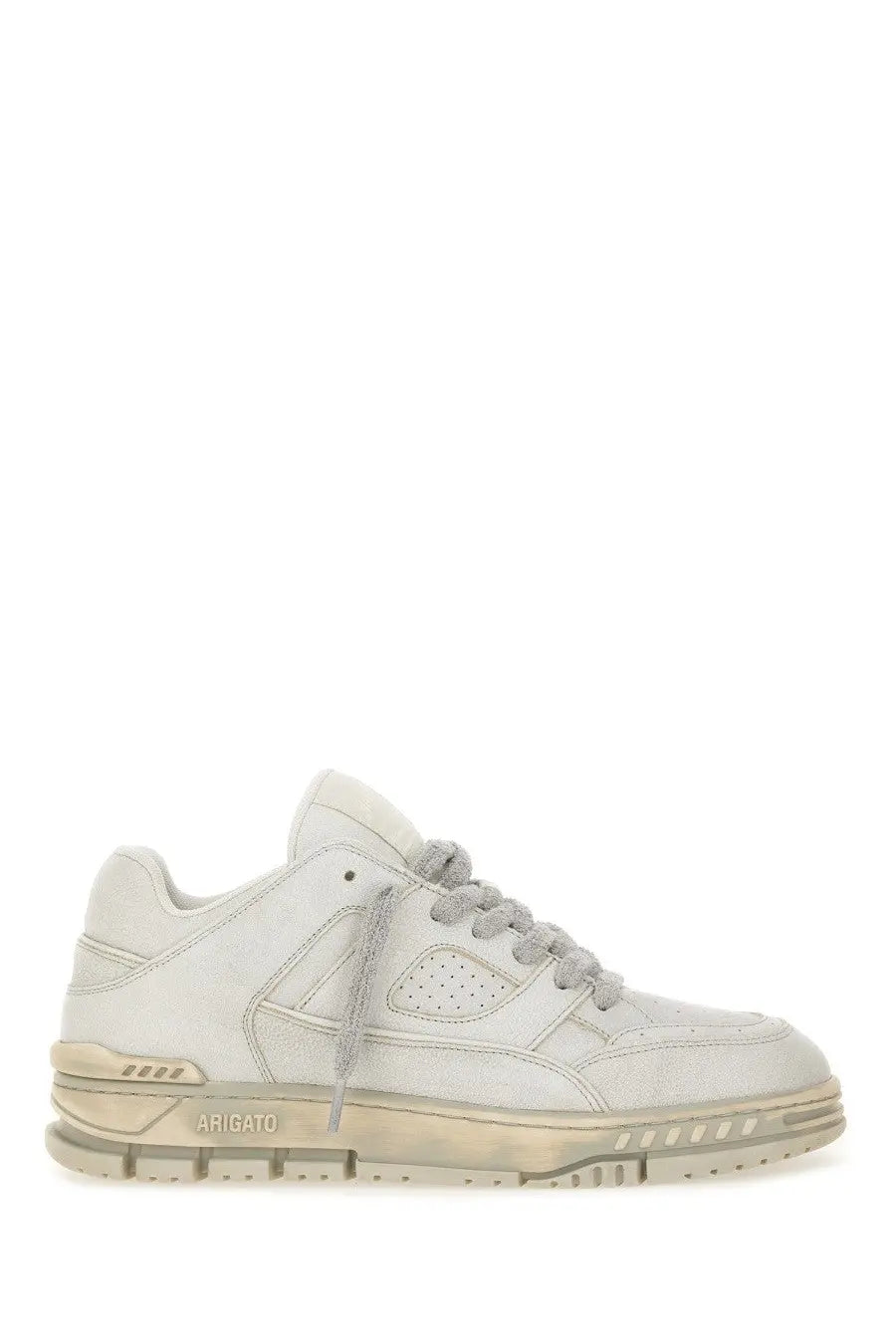 Off-white leather low-top axel arigato men’s area lo sneaker with gray laces and arigato branding on the heel back side