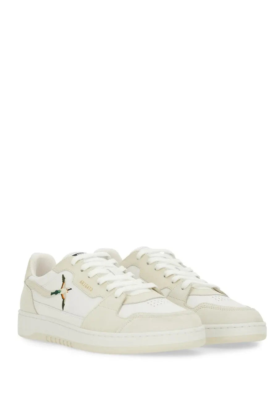 Axel Arigato men’s says lo bee bird sneaker white in cream suede and leather with embroidered bird design on the side