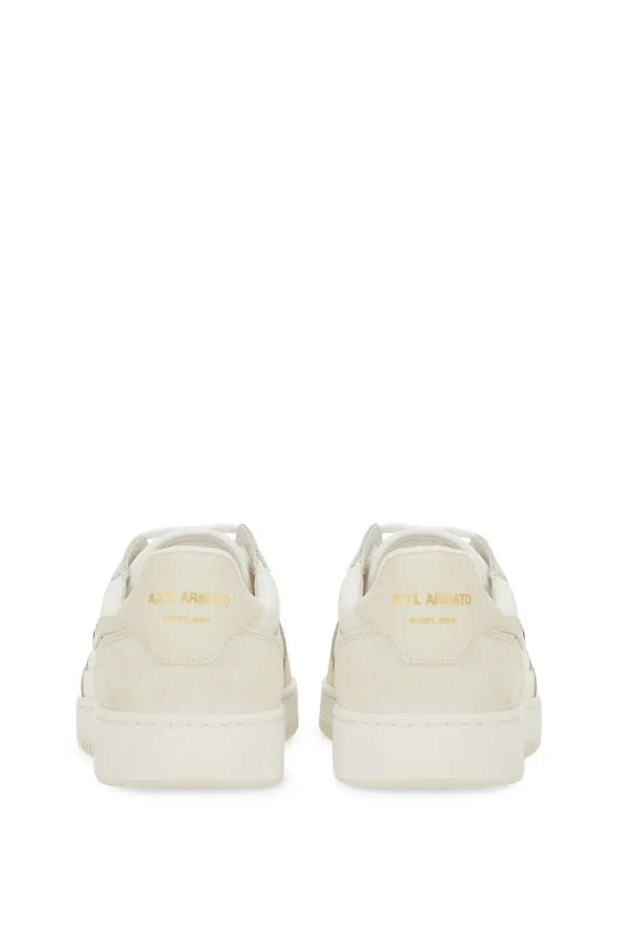 Cream-colored suede axel arigato men’s says lo bee bird sneaker with gold-tone heel branding and white rubber soles back view