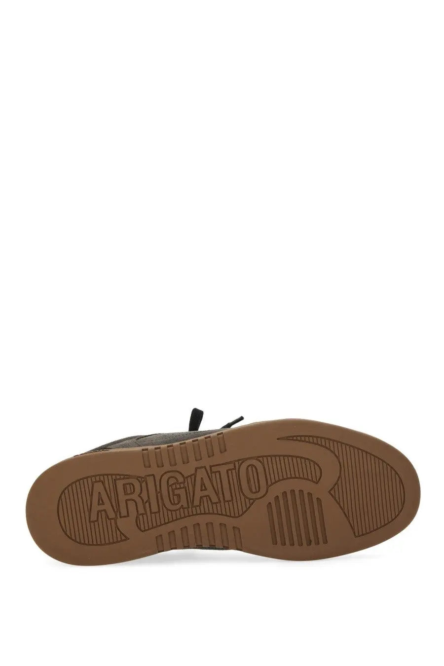Brown rubber sole with embossed arigato branding and textured grip on axel arigato men’s says toe sneaker black