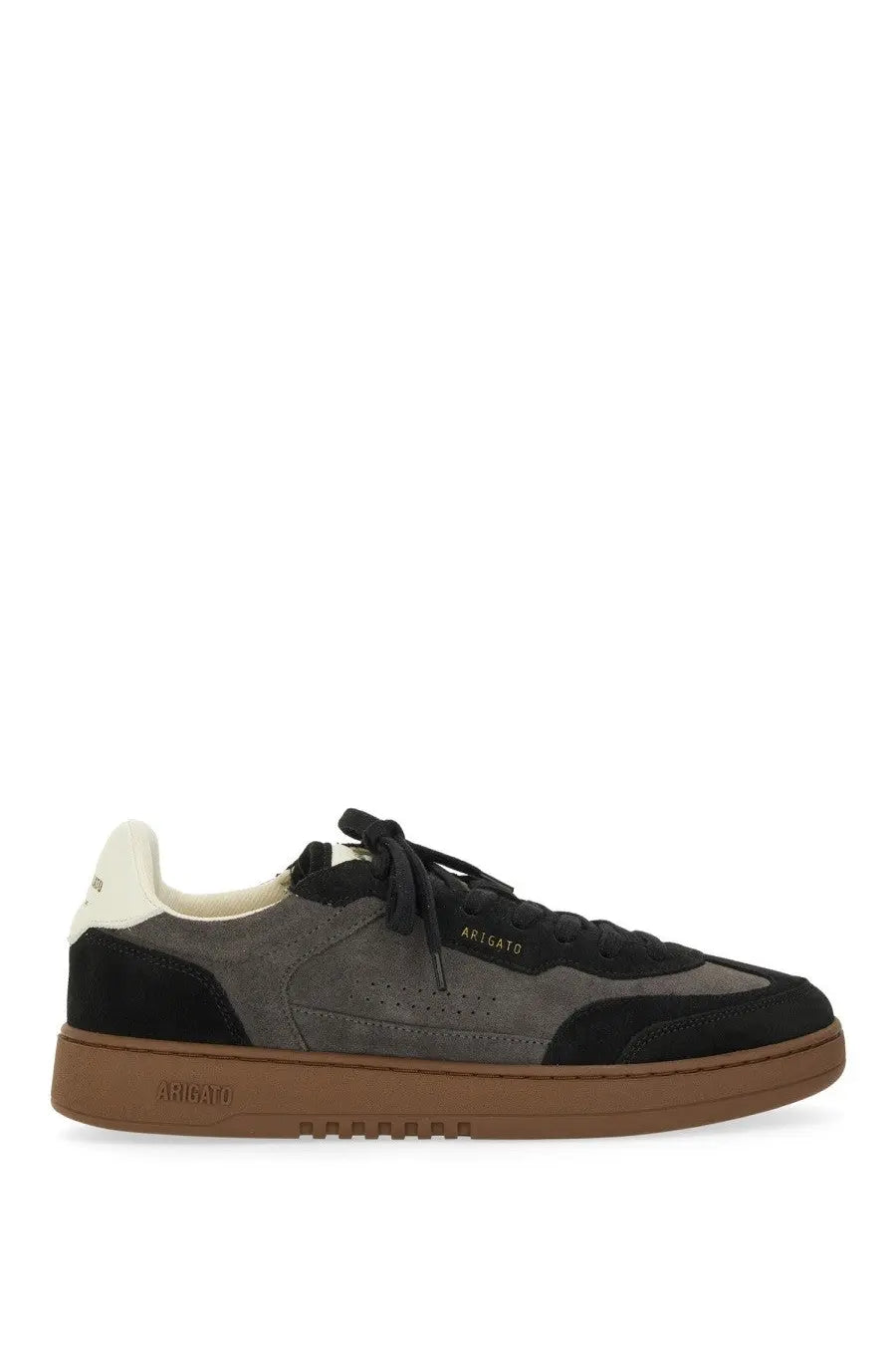 Axel Arigato men’s says toe low-top sneaker in black and gray suede with tan rubber sole