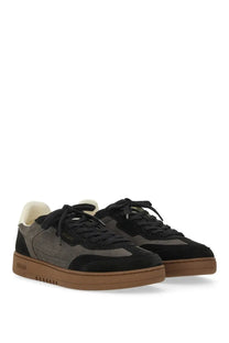 Axel Arigato men’s says toe sneaker low-top in black and gray suede with tan rubber sole
