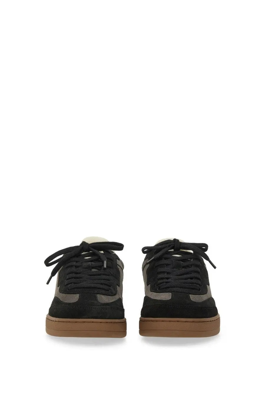 Axel Arigato men’s says toe sneaker black with black and gray suede upper and tan rubber sole low-top design