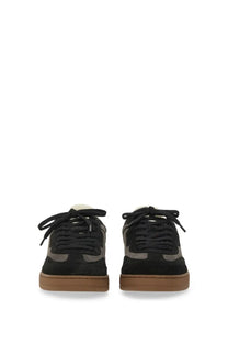 Axel Arigato men’s says toe sneaker black with black and gray suede upper and tan rubber sole low-top design