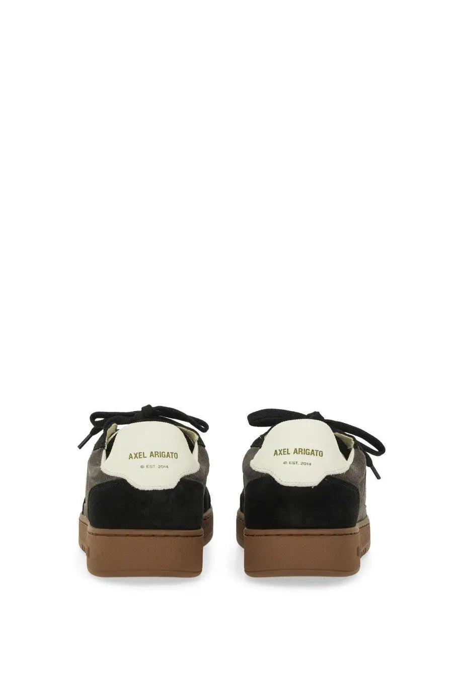 Axel Arigato men’s Says Toe sneaker black with black suede canvas low tops white heel tabs and tan rubber sole