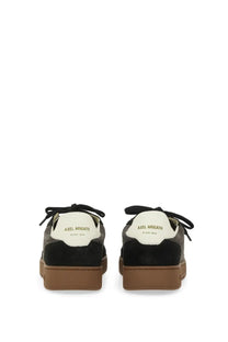 Axel Arigato men’s Says Toe sneaker black with black suede canvas low tops white heel tabs and tan rubber sole