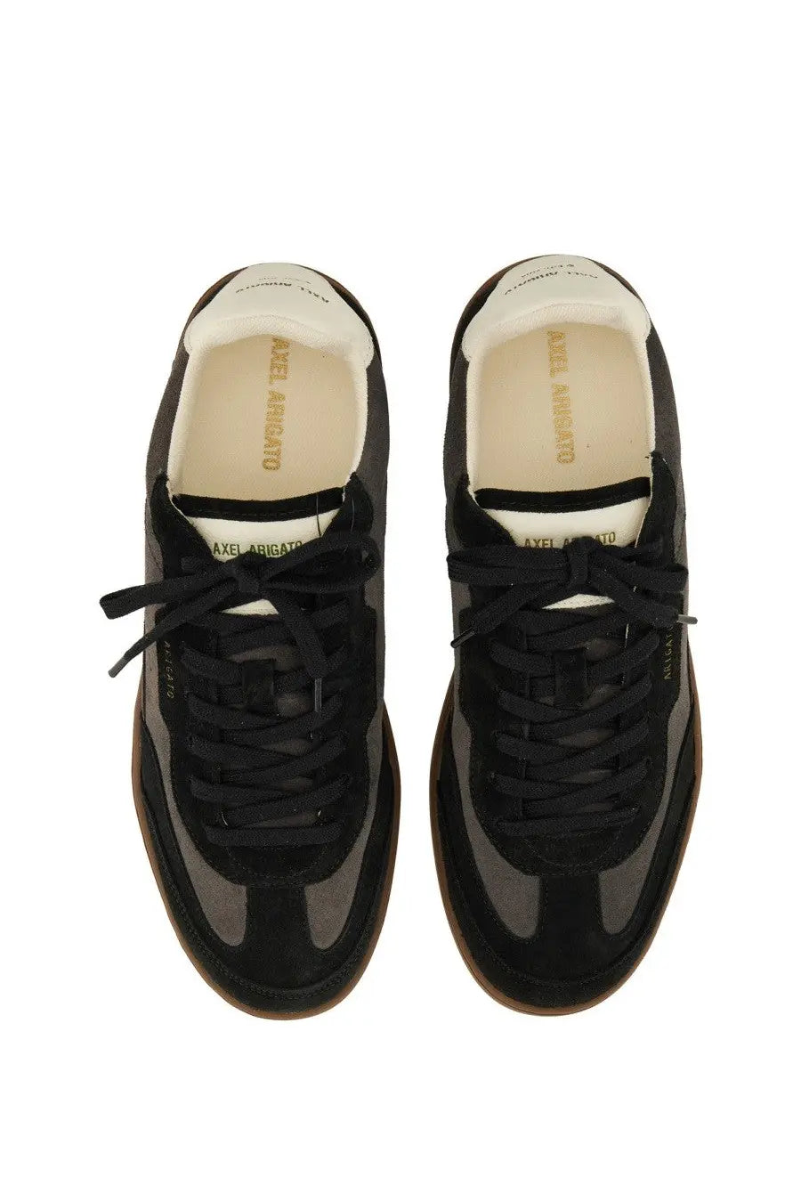 Black suede and rubber axel arigato men’s says toe sneaker with matte finish and branded insole in black color