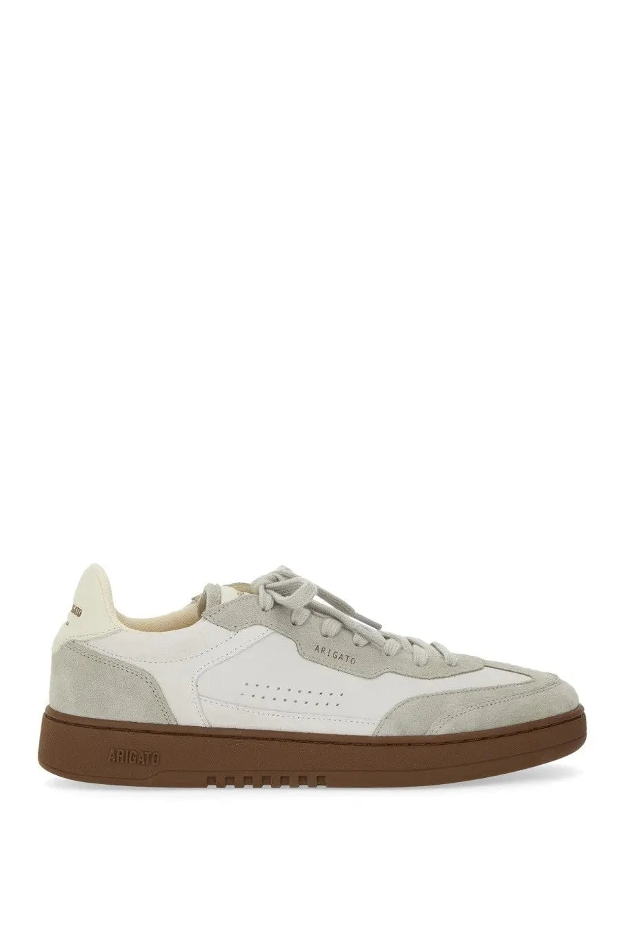 Axel arigato men’s says toe sneaker in off-white and light gray suede with brown rubber sole minimalist design