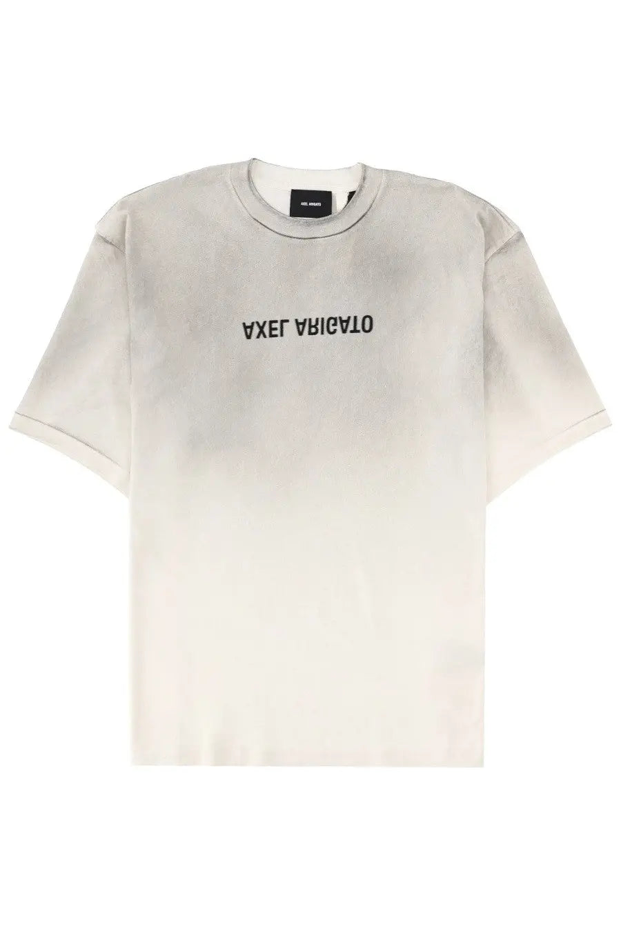 Axel Arigato men’s off-white crewneck t-shirt with subtle faded texture and black reversed text across the chest
