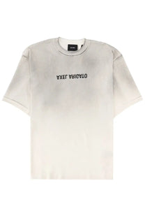 Axel Arigato men’s off-white crewneck t-shirt with subtle faded texture and black reversed text across the chest
